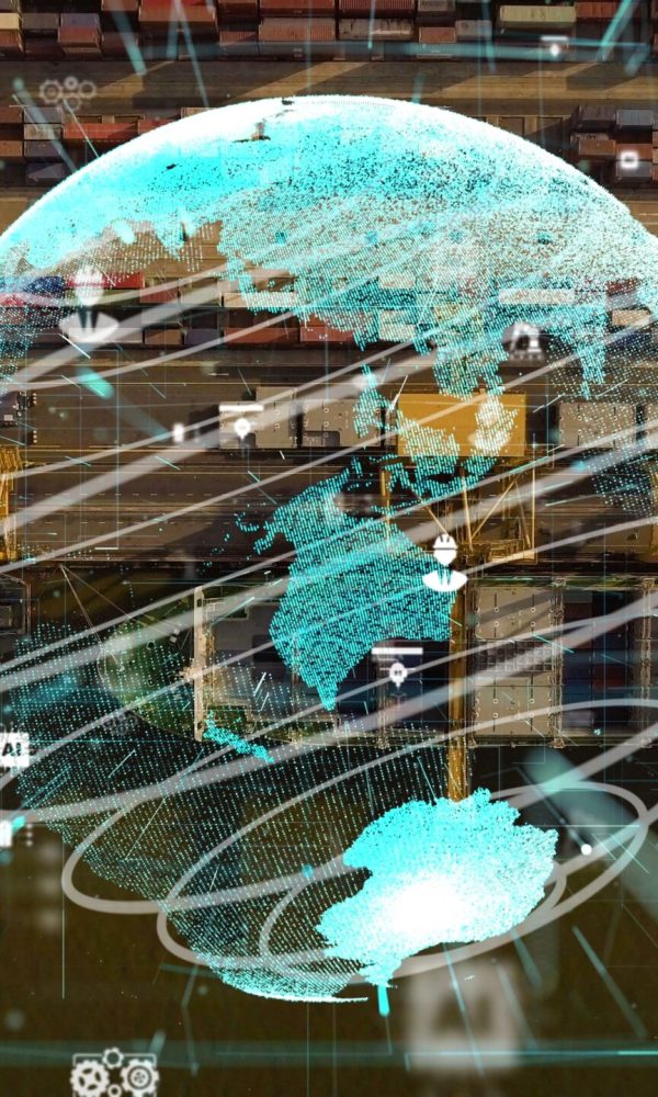 Shipping harbor aerial view with graphic of network technology modernization Shipping harbor aerial view with graphic of network technology modernization showing concept of smart digital autonomous technology to control goods import and export stocks calculations .